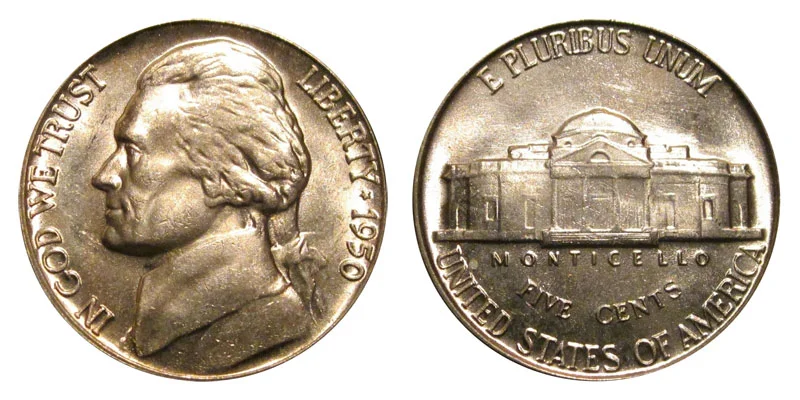 1950-D Jefferson Nickel obverse and reverse in gem uncirculated condition