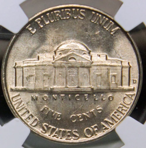 1950-D Jefferson Nickel Monticello reverse showing Full Steps designation with five complete unbroken step lines