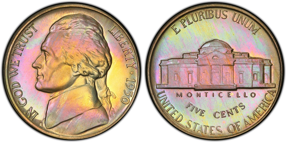 1950 Proof Jefferson Nickel showing Deep Cameo contrast with frosted Jefferson portrait against mirror-like fields