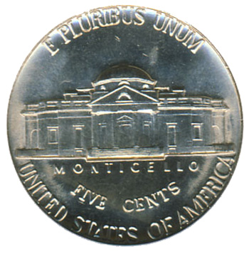 1950 Philadelphia nickel reverse showing Full Steps with five clear unbroken step lines on Monticello