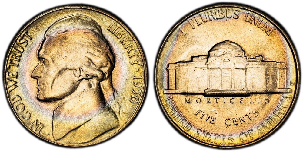 1950 Jefferson Nickel double-strike error showing overlapping design impressions from two separate die strikes