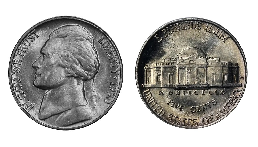 1950 Jefferson Nickel grading strip showing four condition tiers from worn to gem uncirculated side by side